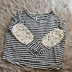 Miami Navy and Cream Striped Top with Lace Sleeves